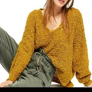 Free People Mustard Yellow Gold Show Chunky Oversized Distressed Sweater SM